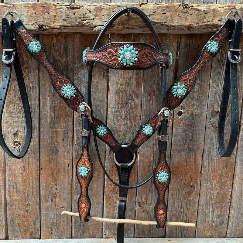 Teal Diamond Turquoise And Clear Browband / One Ear - Breastcollar Tack Set #Bbbc644 1