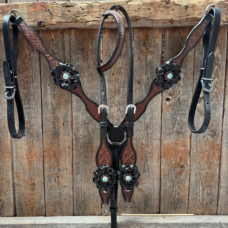 Teal Diamond Turquoise And Clear One Ear - Breastcollar Tack Set #Oebc452 1