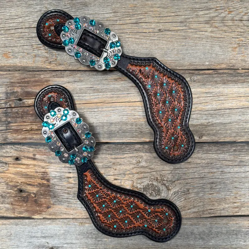 Teal Dot Diamond Antique Silver Teal, Ab Spur Straps #Ss137 1