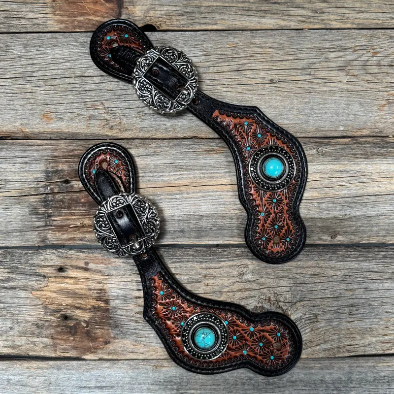 Teal Dot Diamond Antique Silver Turquoise Western Conchos Spur Straps #Ss138 1