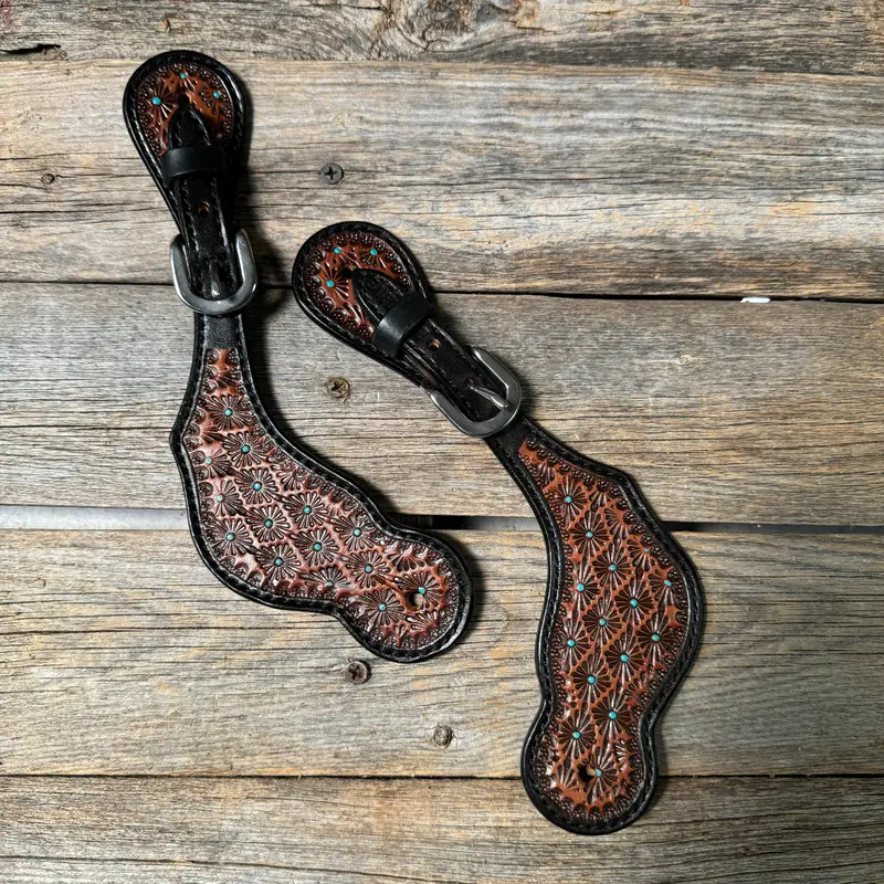 Teal Dot Diamond Tooled Spur Straps 1