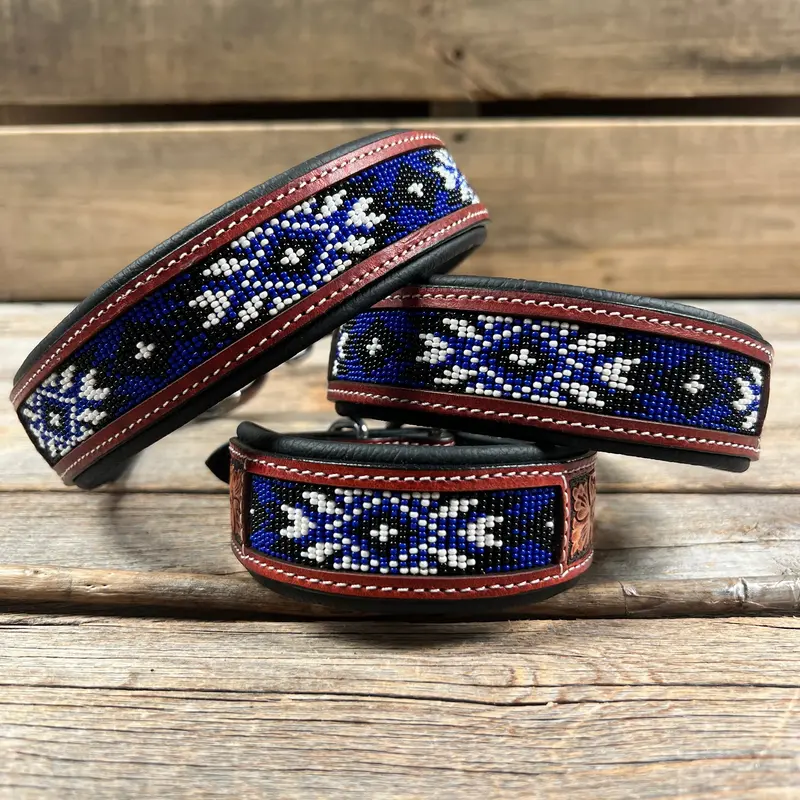 Tooled Blue And White Genuine Leather Beaded Dog Collar #Dc440 1