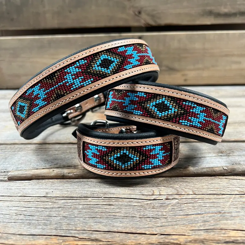 Tooled Brown And Blue Genuine Leather Beaded Dog Collar #Dc438 1