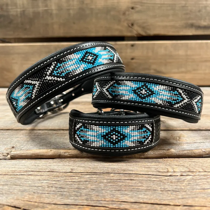 Tooled Light Blue Genuine Leather Beaded Dog Collar #Dc441 1