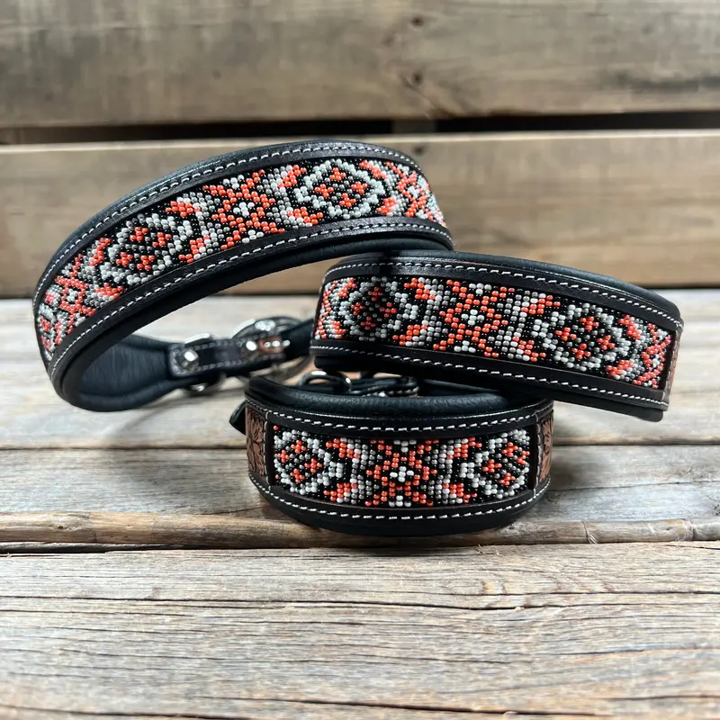 Tooled Peach And Black Genuine Leather Beaded Dog Collar #Dc445 1