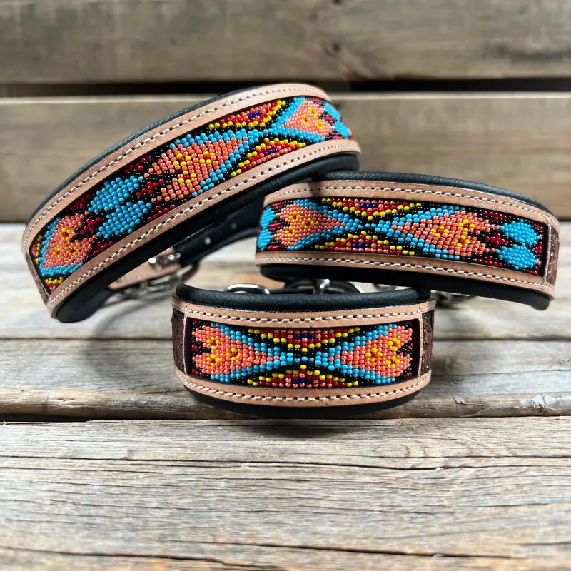 Tooled Peach And Red Genuine Leather Beaded Dog Collar #Dc444 1