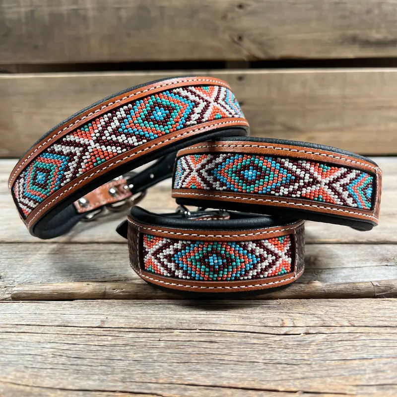 Tooled Peach And Turquoise Genuine Leather Beaded Dog Collar #Dc443 1