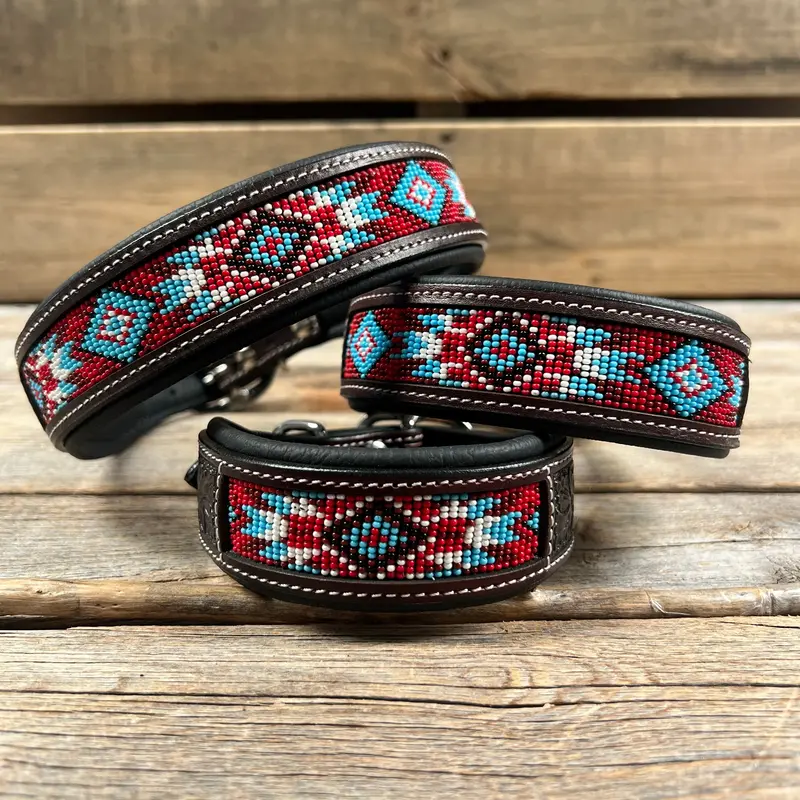 Tooled Red And Blue Genuine Leather Beaded Dog Collar #Dc442 1
