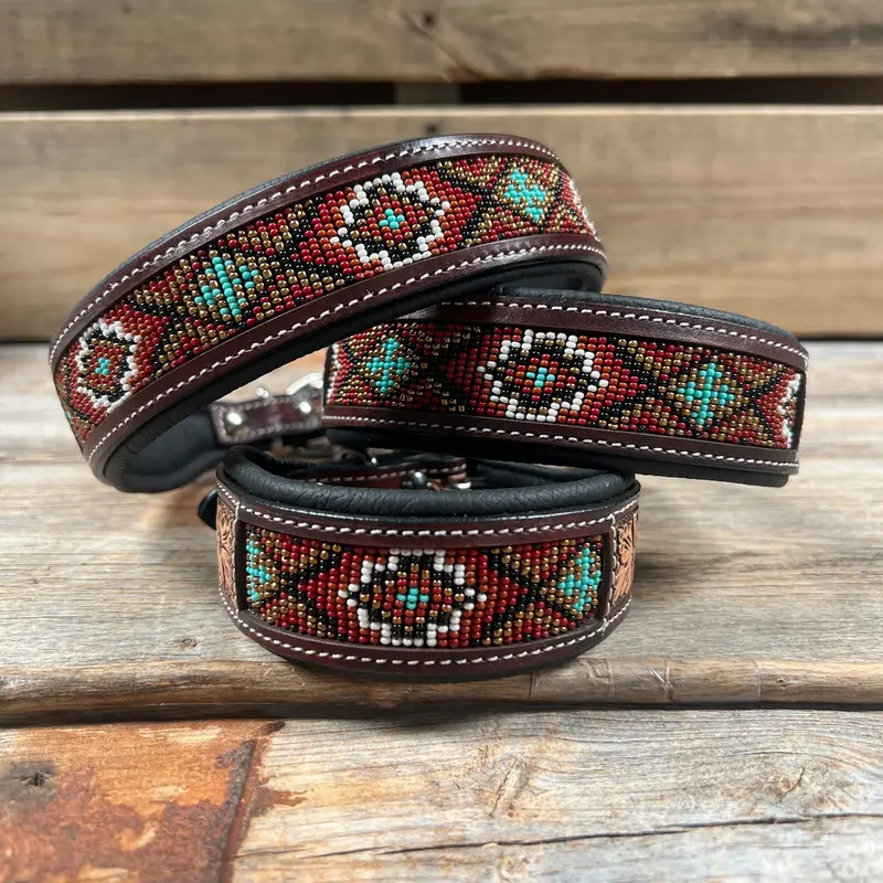 Tooled Red And Brown Genuine Leather Beaded Dog Collar #Dc450 1