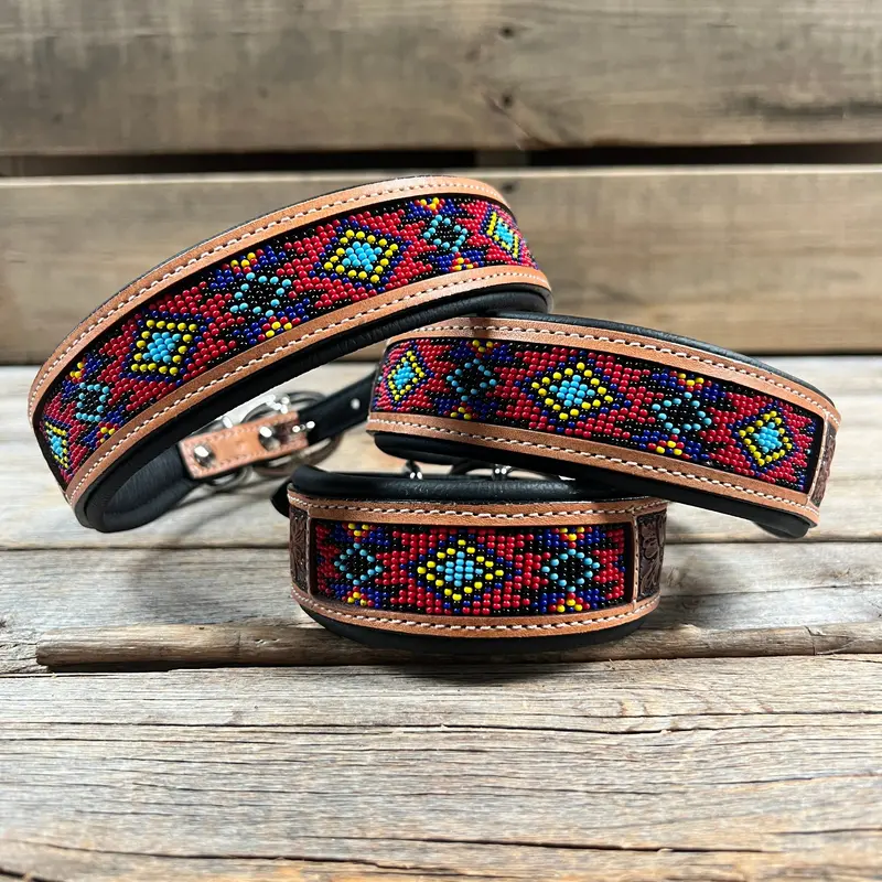 Tooled Red And Purple Genuine Leather Beaded Dog Collar #Dc437 1
