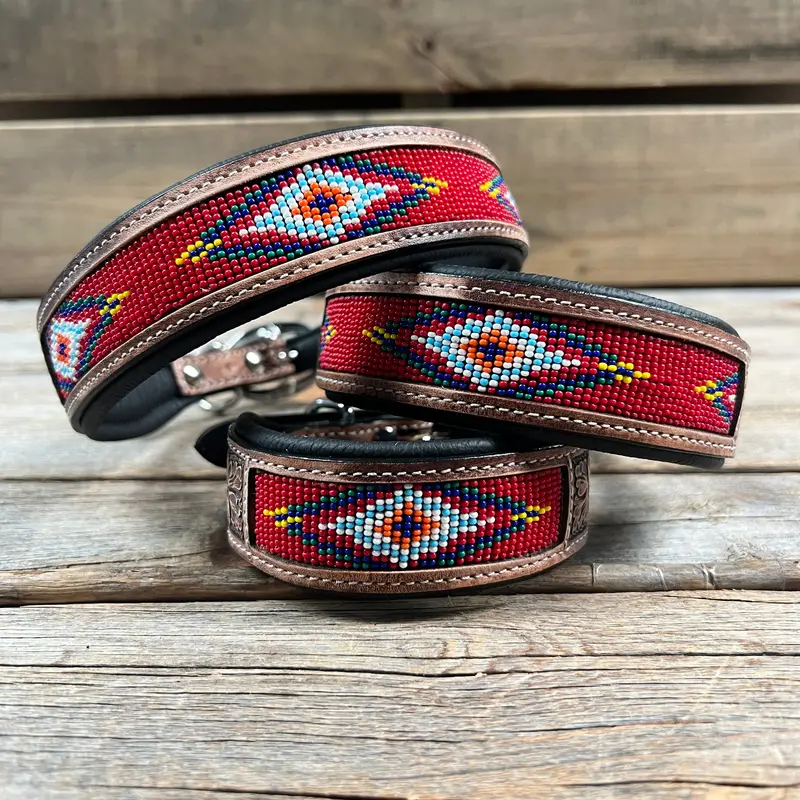 Tooled Red Genuine Leather Beaded Dog Collar #Dc439 1