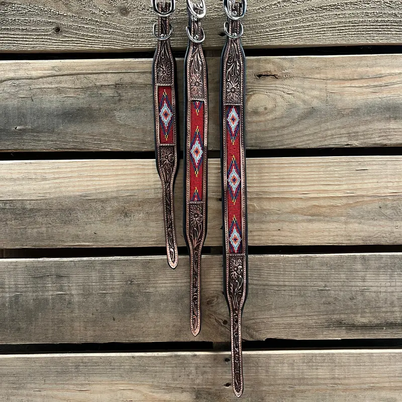 Tooled Red Genuine Leather Beaded Dog Collar #Dc439 3