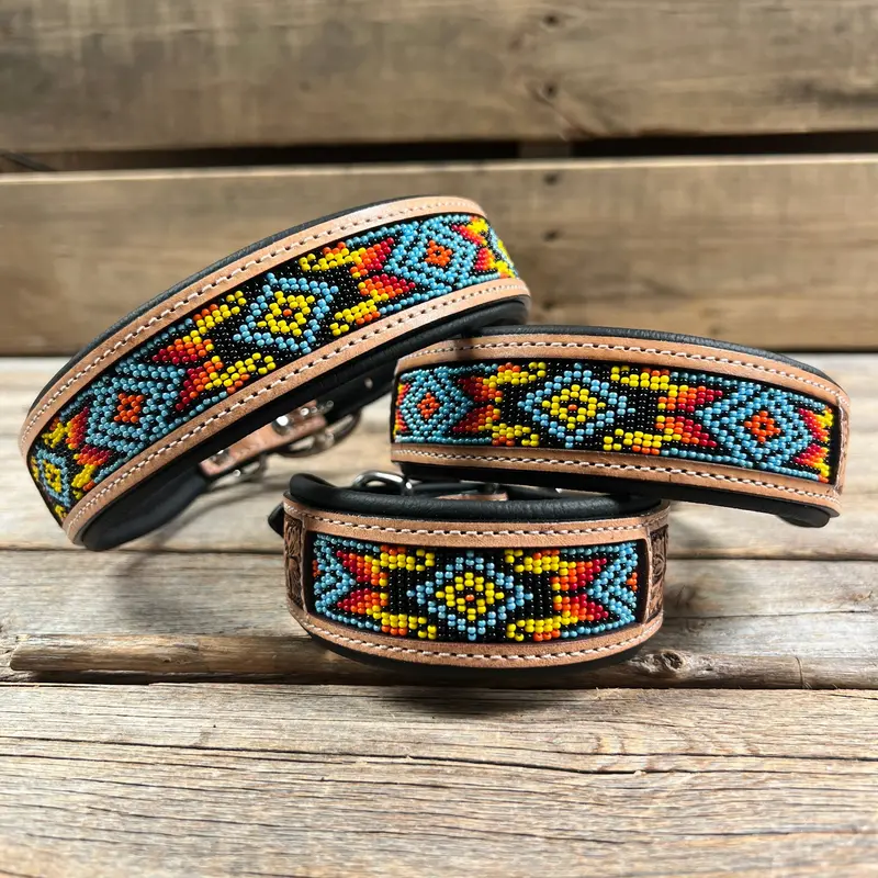 Tooled Yellow Genuine Leather Beaded Dog Collar #Dc436 1