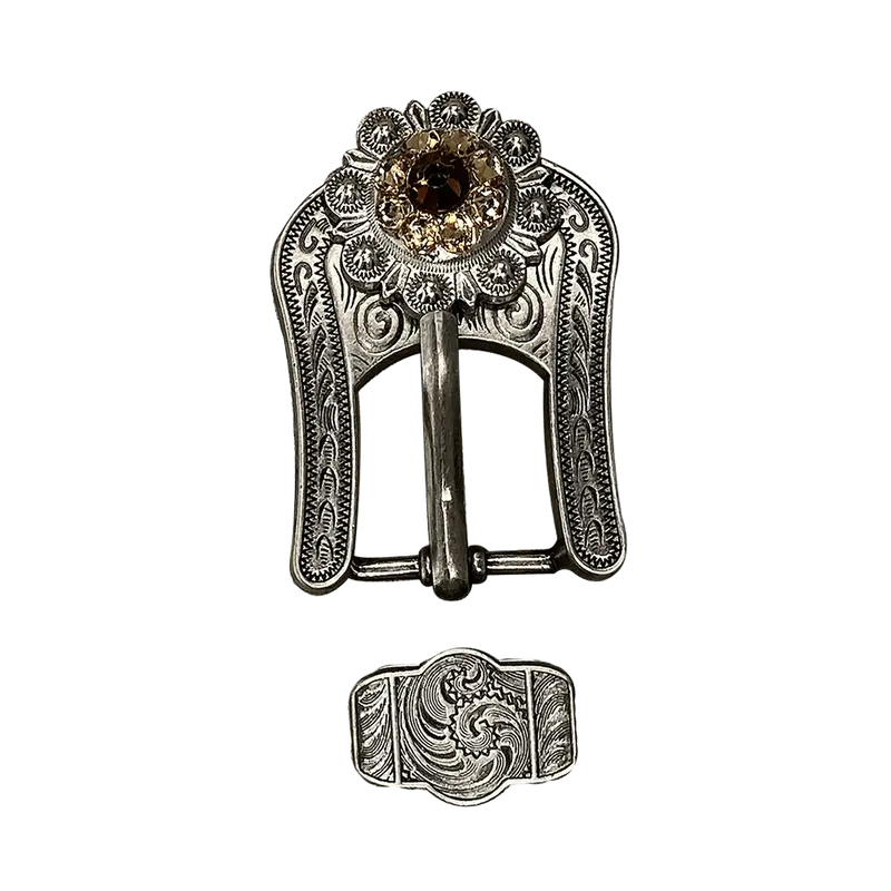 Topaz & Champagne Antique Silver European Crystal Buckle Keeper Set 1