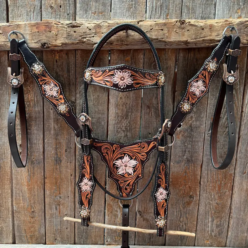 Triple Tone Floral Champagne And Clear Browband / One Ear - Triangle / Gladiator Breastcollar Tack Set #Bbbc648 1