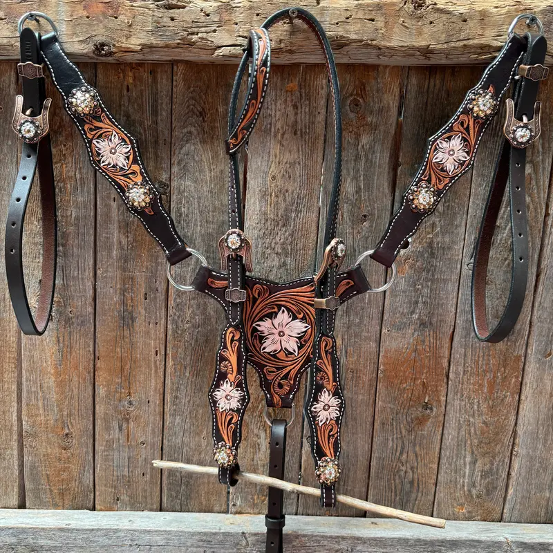 Triple Tone Floral Champagne And Clear Browband / One Ear - Triangle / Gladiator Breastcollar Tack Set #Bbbc648 2