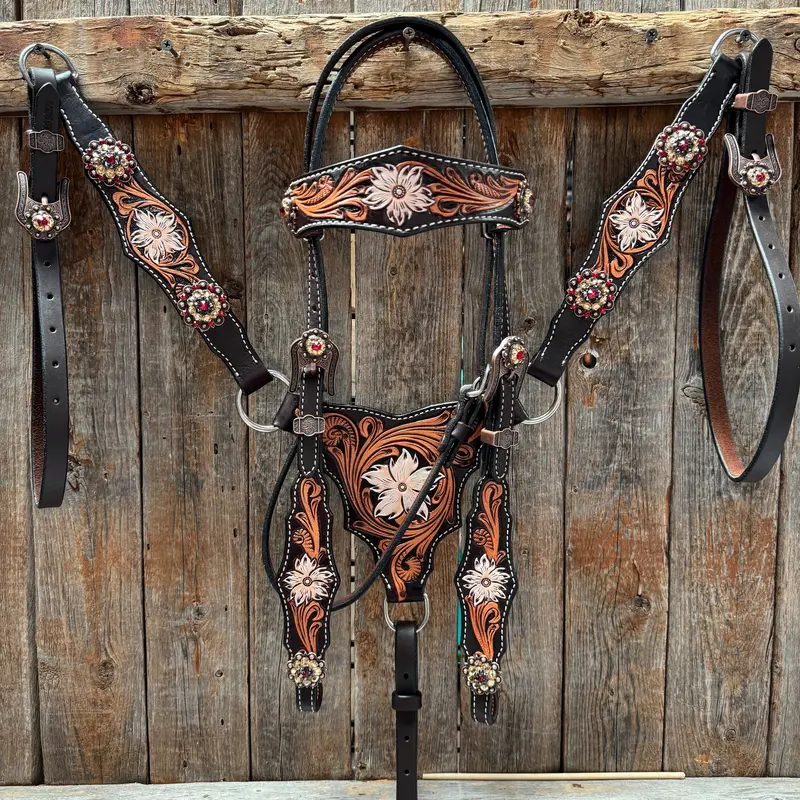 Triple Tone Floral Ruby, Jet And Champagne Browband - Triangle / Gladiator Breastcollar Tack Set #Bbbc451 1