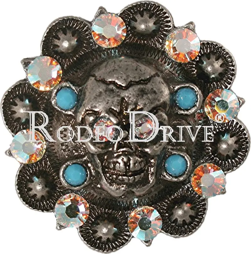 Turquoise & Ab Antique Silver 1.75" Skull European Crystal Concho 1