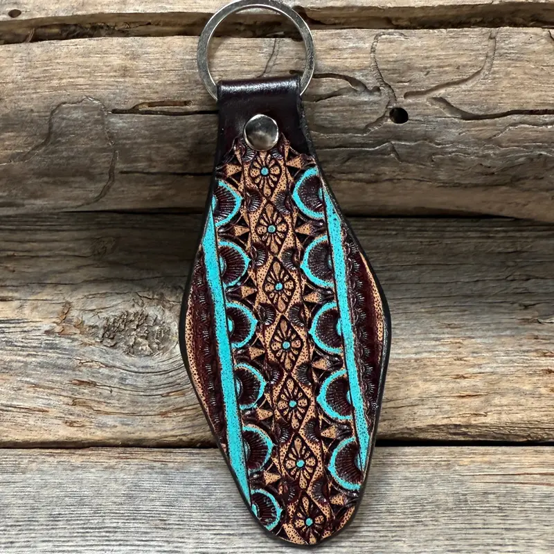 Turquoise And Brown Leather Hand Painted Key Chain 1