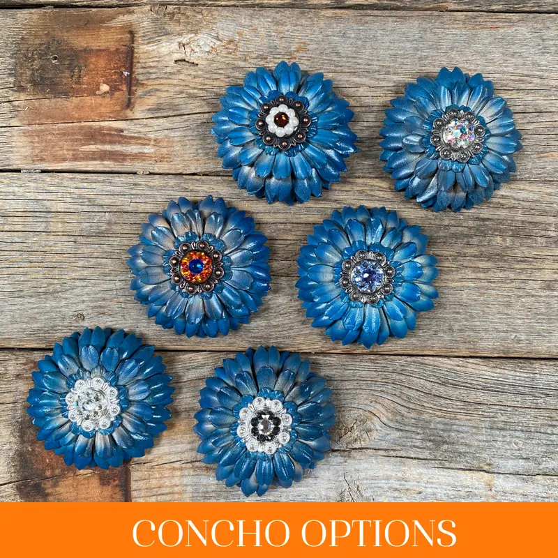 Turquoise Daisy Leather Flowers - 1" Crystal Conchos - Options 1