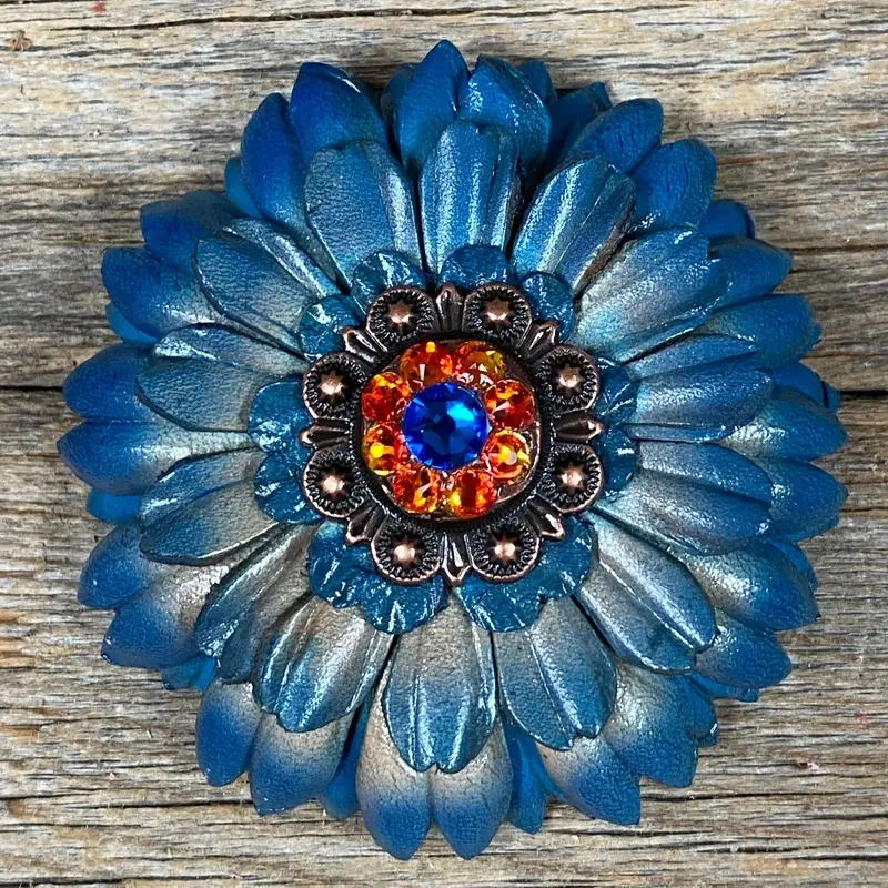 Turquoise Daisy Leather Flowers - 1" Crystal Conchos - Options 4