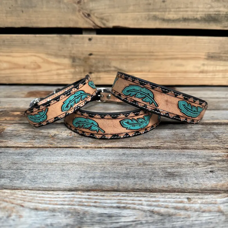 Turquoise Feather Genuine Leather Padded Dog Collar #Fkdc4 1