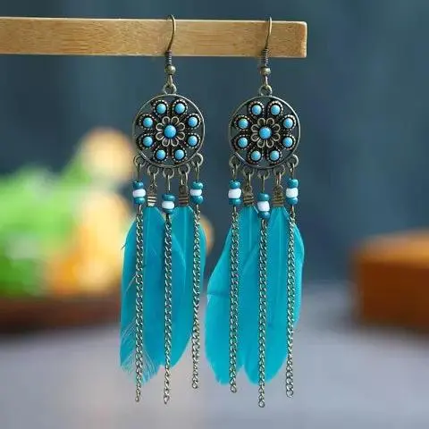 Turquoise & Feathers Dangle Silver Fashion Earrings Wa145 1