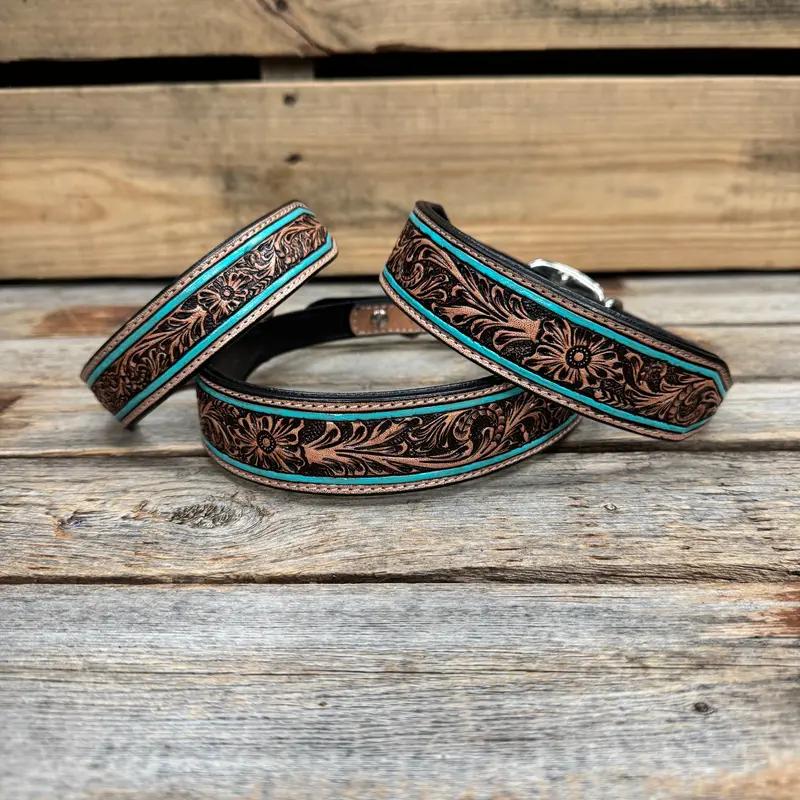 Turquoise Floral Genuine Leather Padded Dog Collar #Fkdc1 1