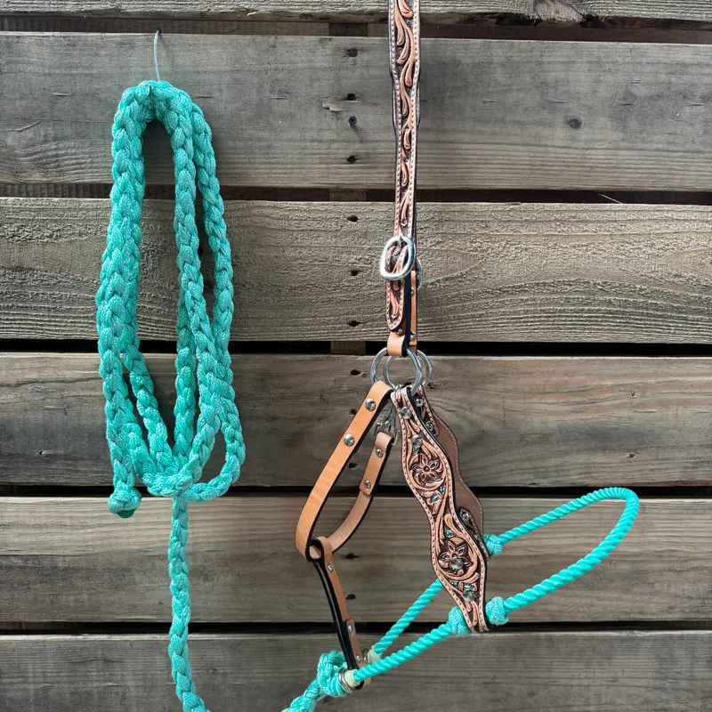 Turquoise Floral Tooled Lariat & Leather Combo Halter 1