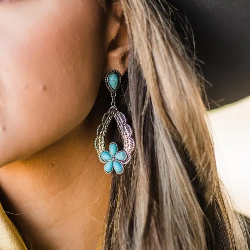 Turquoise Flower Dangle Silver Fashion Earrings Wa192 1