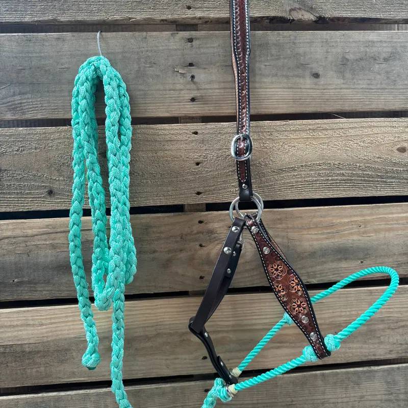 Turquoise Flower Power Tooled Lariat & Leather Combo Halter 1