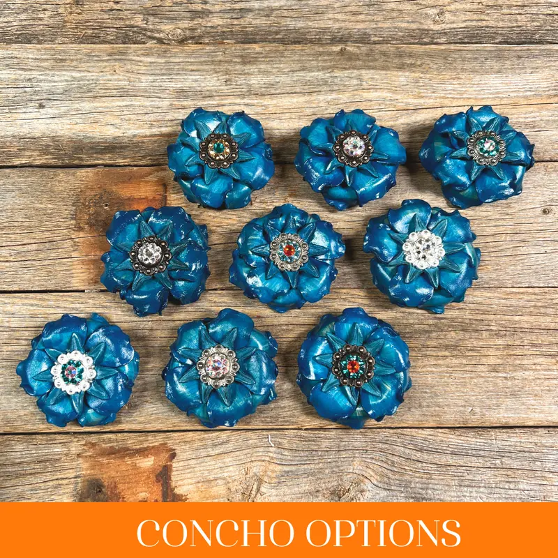 Turquoise Gardenia Leather Flowers - 1" Crystal Conchos - Options 1