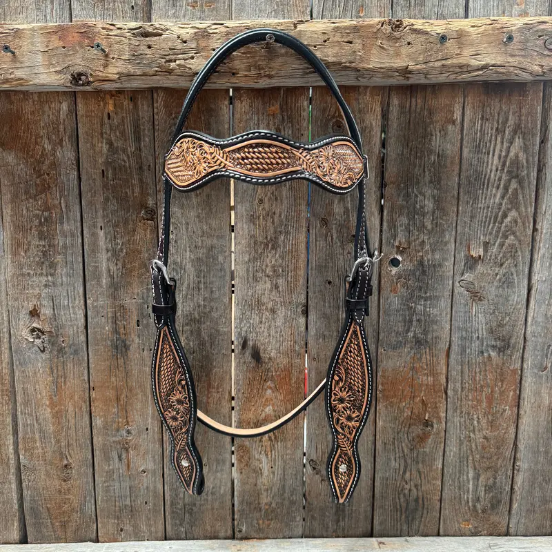 Two Tone Floral And Basketweave Browband Headstall / Bridle #Fk400 1