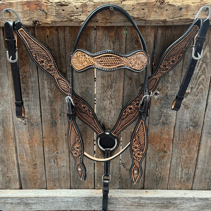 Two Tone Floral And Basketweave Tack Set 1