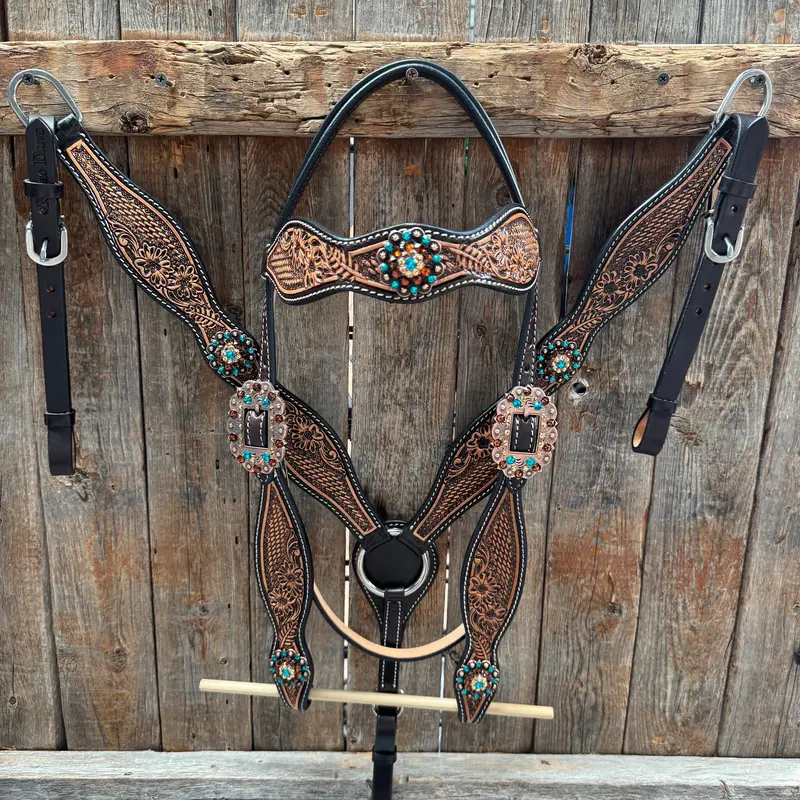 Two Tone Floral And Basketweave Teal, Champagne And Topaz Browband Tack Set #Bbbc480 1