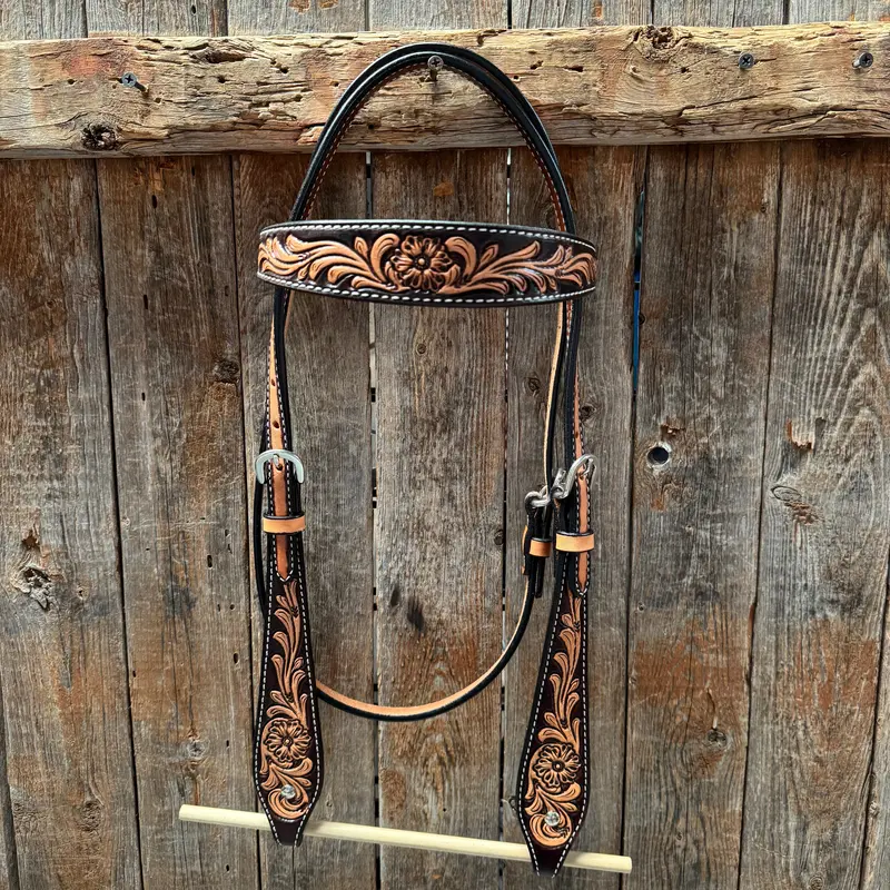 Two Tone Floral Browband Headstall / Bridle #23079 1