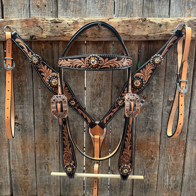 Two Tone Floral Jet, Champagne And Topaz Browband / One Ear Tack Set #Bbbc477 1