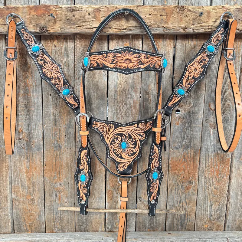 Two Tone Floral Triangle Antique Silver Turquoise Browband/One Ear - Triangle/Gladiator Breastcollar Tack Set #Oebc542 1