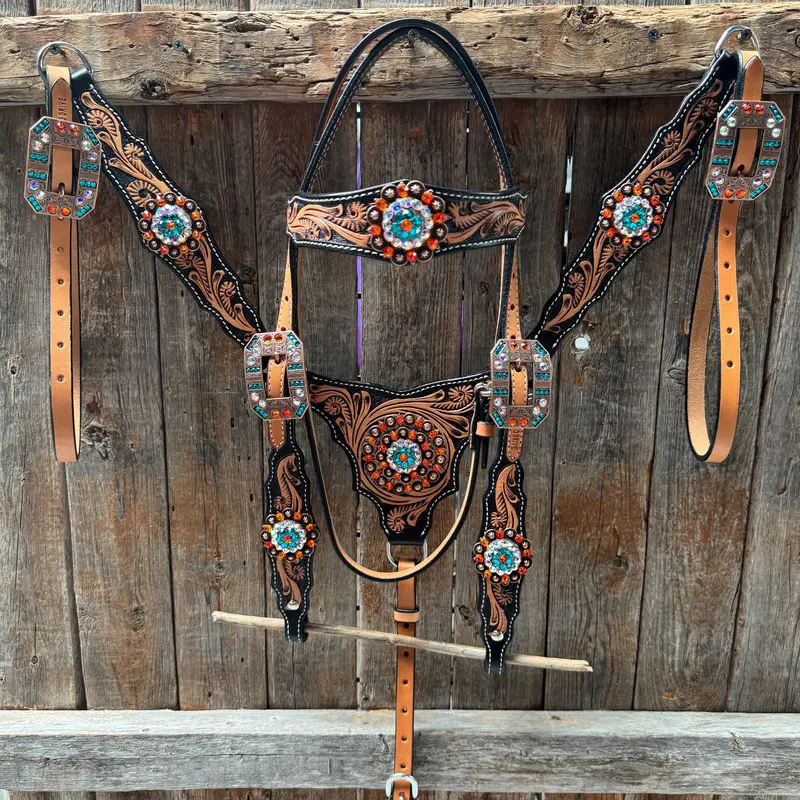 Two Tone Floral Triangle Orange And Teal Browband/One Ear - Triangle/Gladiator Breastcollar Tack Set #Bbbc670 1