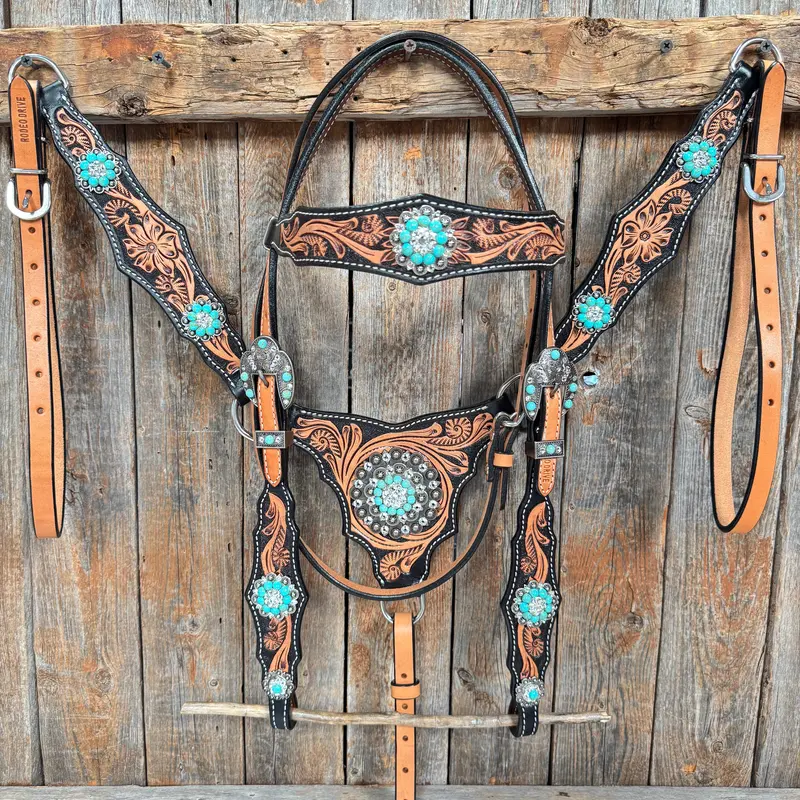 Two Tone Floral Triangle Turquoise And Clear Browband/One Ear - Triangle/Gladiator Breastcollar Tack Set #Oebc509 1