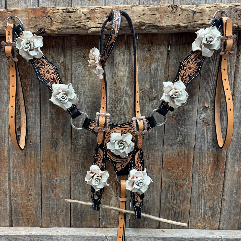 Two Tone Floral Triangle White Rose One Ear / Gladiator Breastcollar Tack Set #Oebc534 1