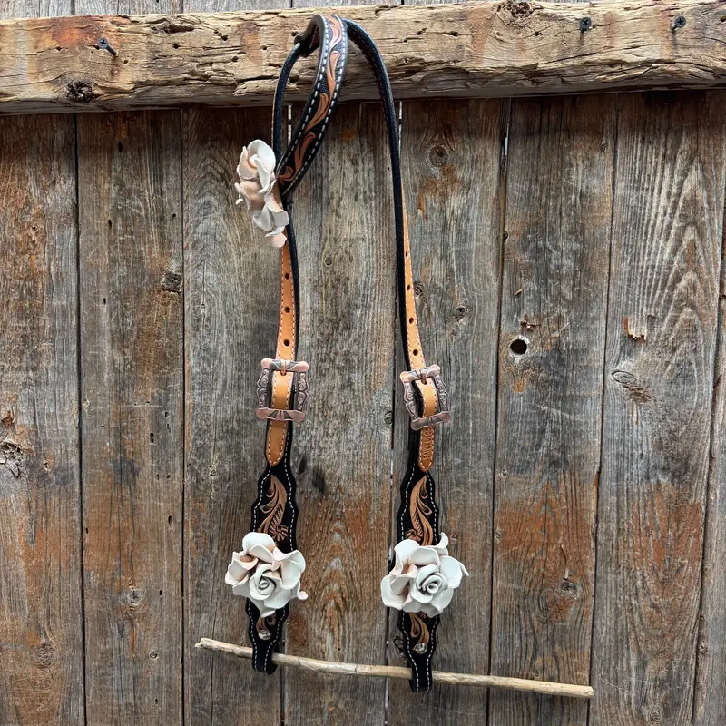 Two Tone Floral Triangle White Rose One Ear / Gladiator Breastcollar Tack Set #Oebc534 2