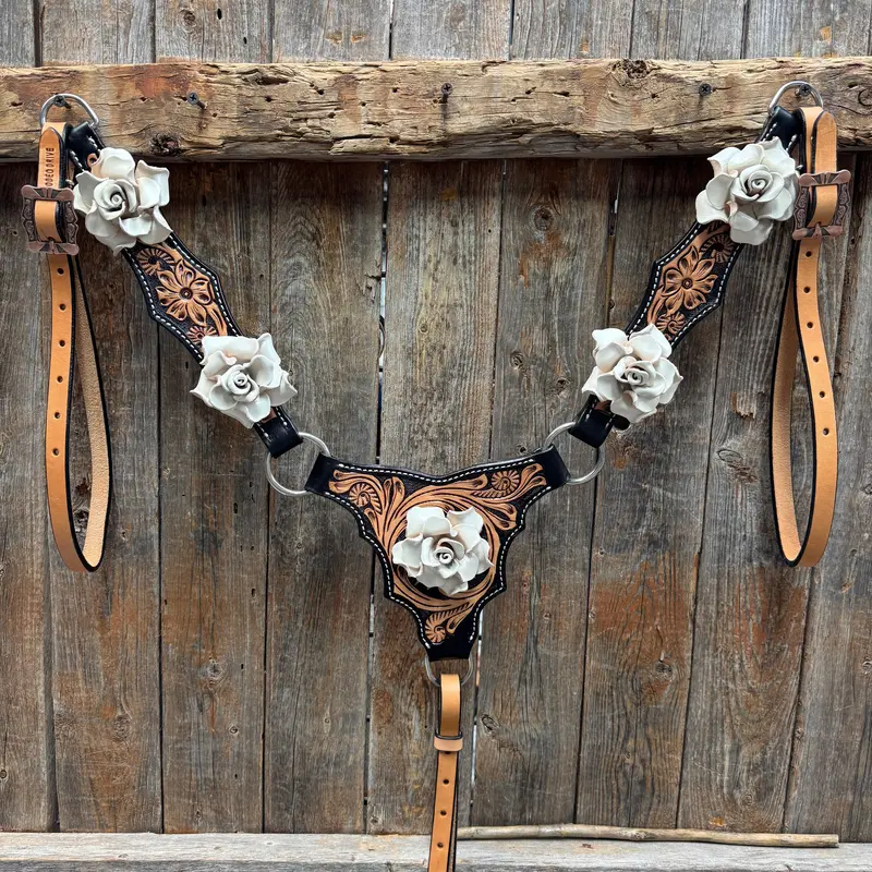 Two Tone Floral Triangle White Rose One Ear / Gladiator Breastcollar Tack Set #Oebc534 3