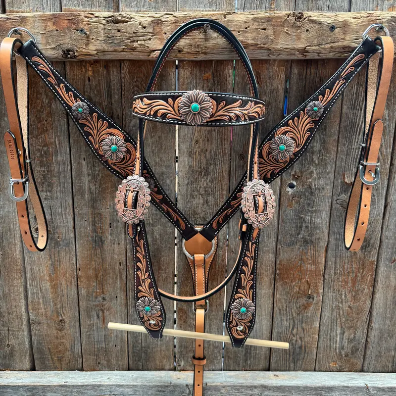 Two Tone Floral Western Turquoise Flower Browband / One Ear Tack Set #Bbbc474 1