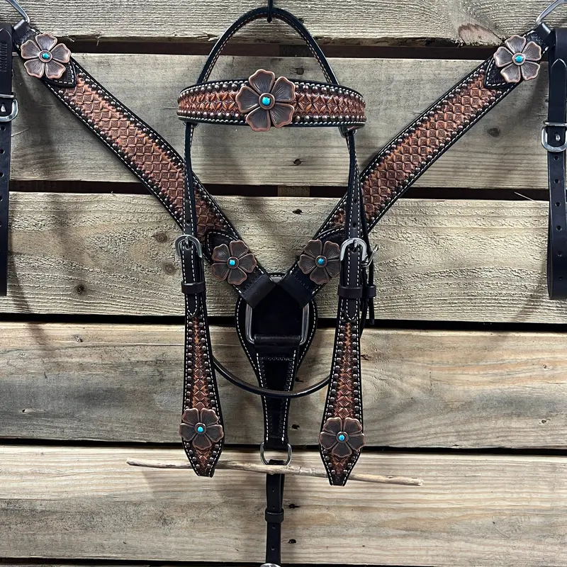 Two Tone Honeycomb Copper Flower Browband/One Ear Headstall & Breastcollar Tack Set #Bbbc610 1