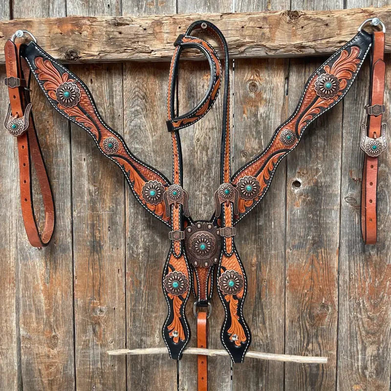 Two Tone Leaf Copper Flower Turquoise Browband/One Ear & Breastcollar Tack Set #Oebc454 1