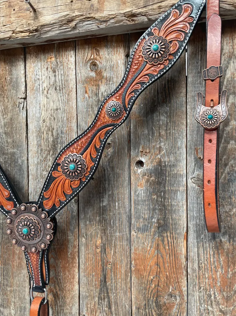 Two Tone Leaf Copper Flower Turquoise Browband/One Ear & Breastcollar Tack Set #Oebc454 5