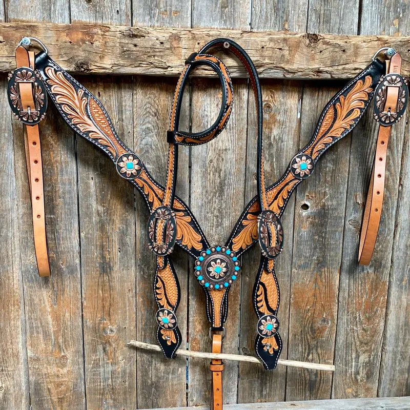 Two Tone Leaf Floral Turquoise One Ear & Breastcollar Tack Set #Oebc430 1