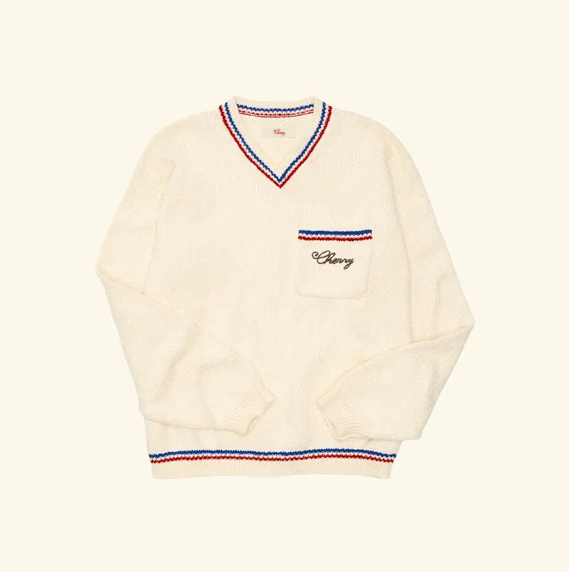 V-Neck Cotton Knit Sweater (Cream) 1