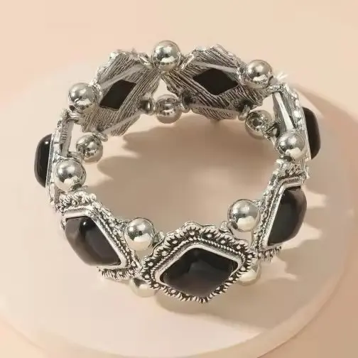 Western Silver Chunky Rodeo Fashion Bracelets - Black 1